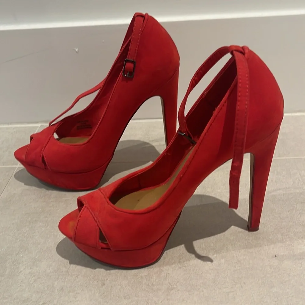 Bershka women size EUR 36 6 red open toe heel stilleto shoes suede type fabric